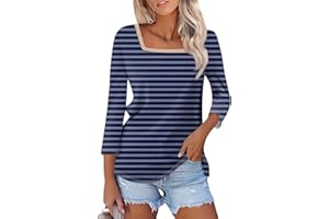 ROKIACDE 3/4 Length Sleeve Womens Tops,Basic Striped Tshirts Shirts Summer 2024 Gym Blouse Plus Size Athletic Tunic Top