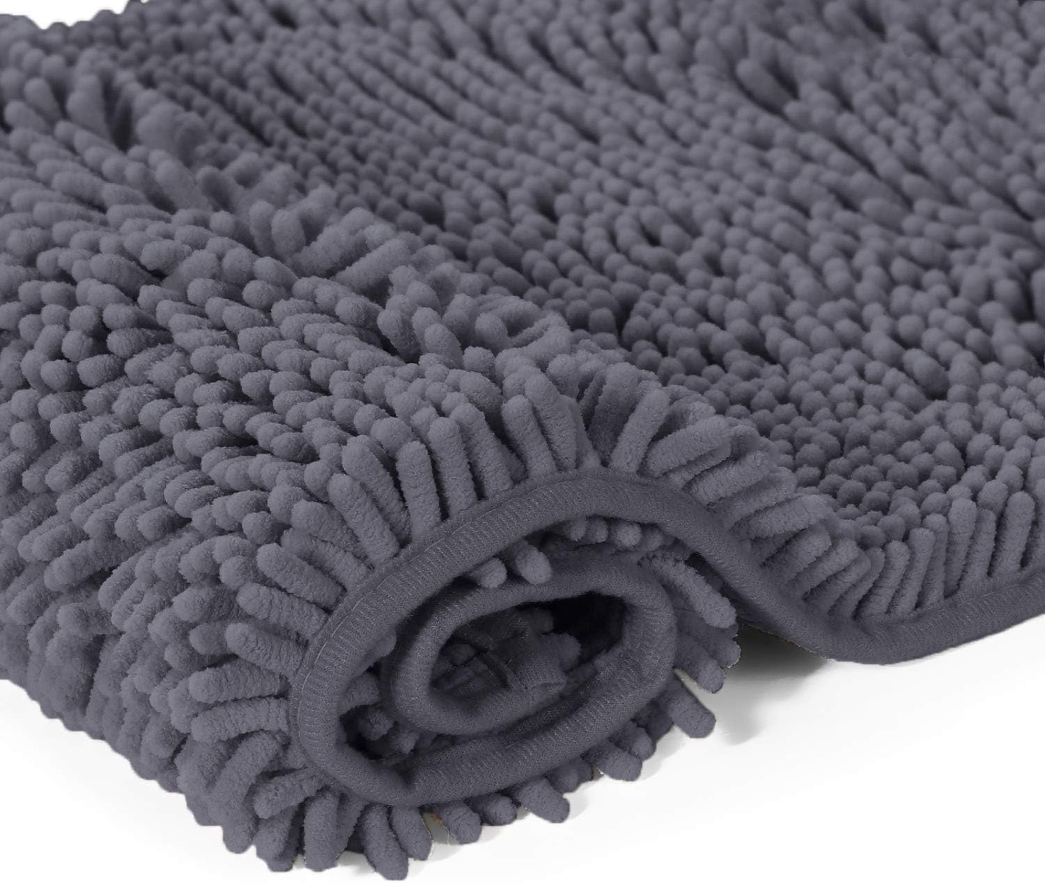 LuxUrux Bathroom Rugs Luxury Chenille 2-Piece Bath Mat Set, Soft Plush Anti-Slip Bath Rug +Toilet Mat.1'' Microfiber Shaggy Carpet, Super Absorbent (Curved Set, Dark Gray): Home & Kitchen