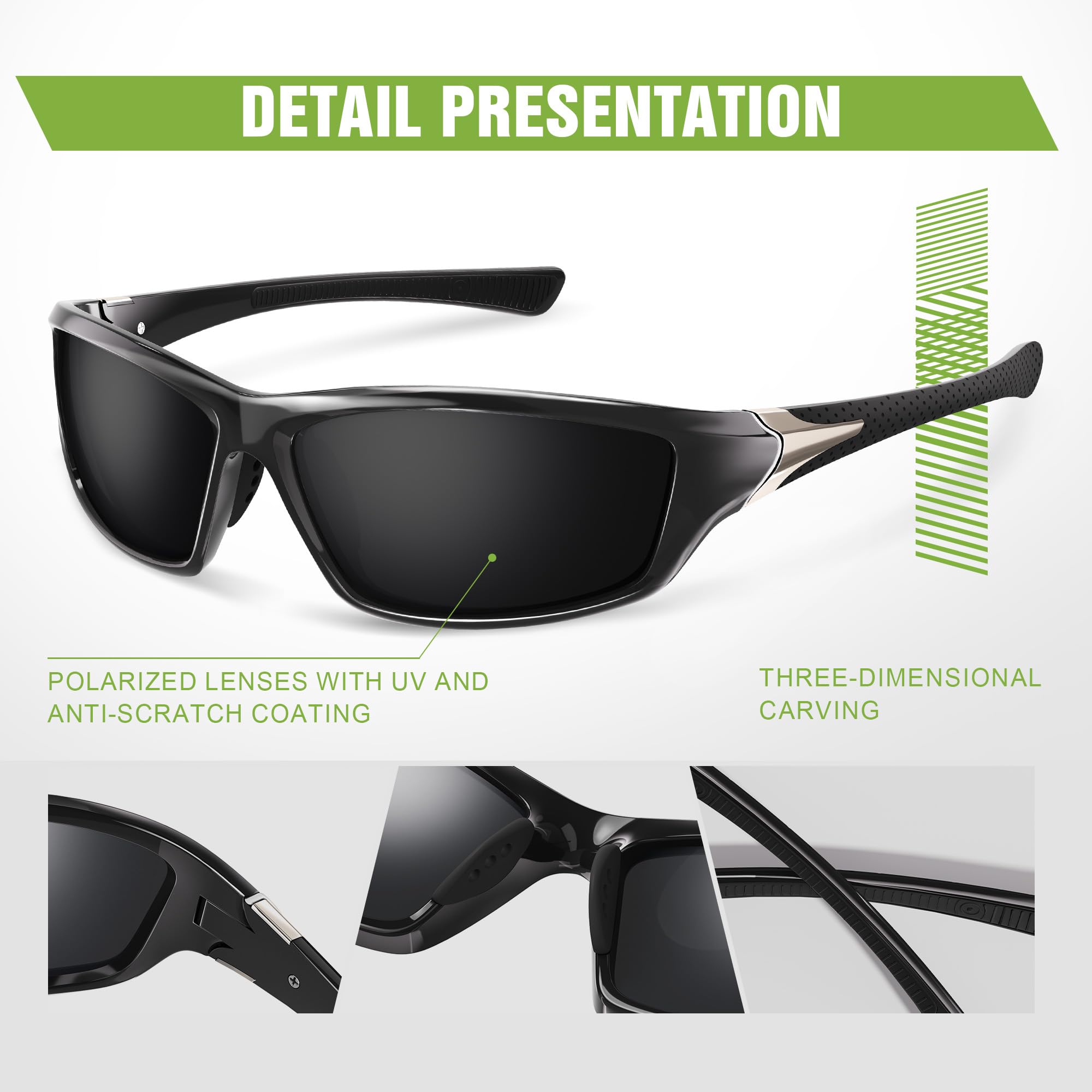 3 Pack Polarized Sports Sunglasses for Men, Mens Sunglasses Wrap Around UV Protection for Cycling Fishing Driving