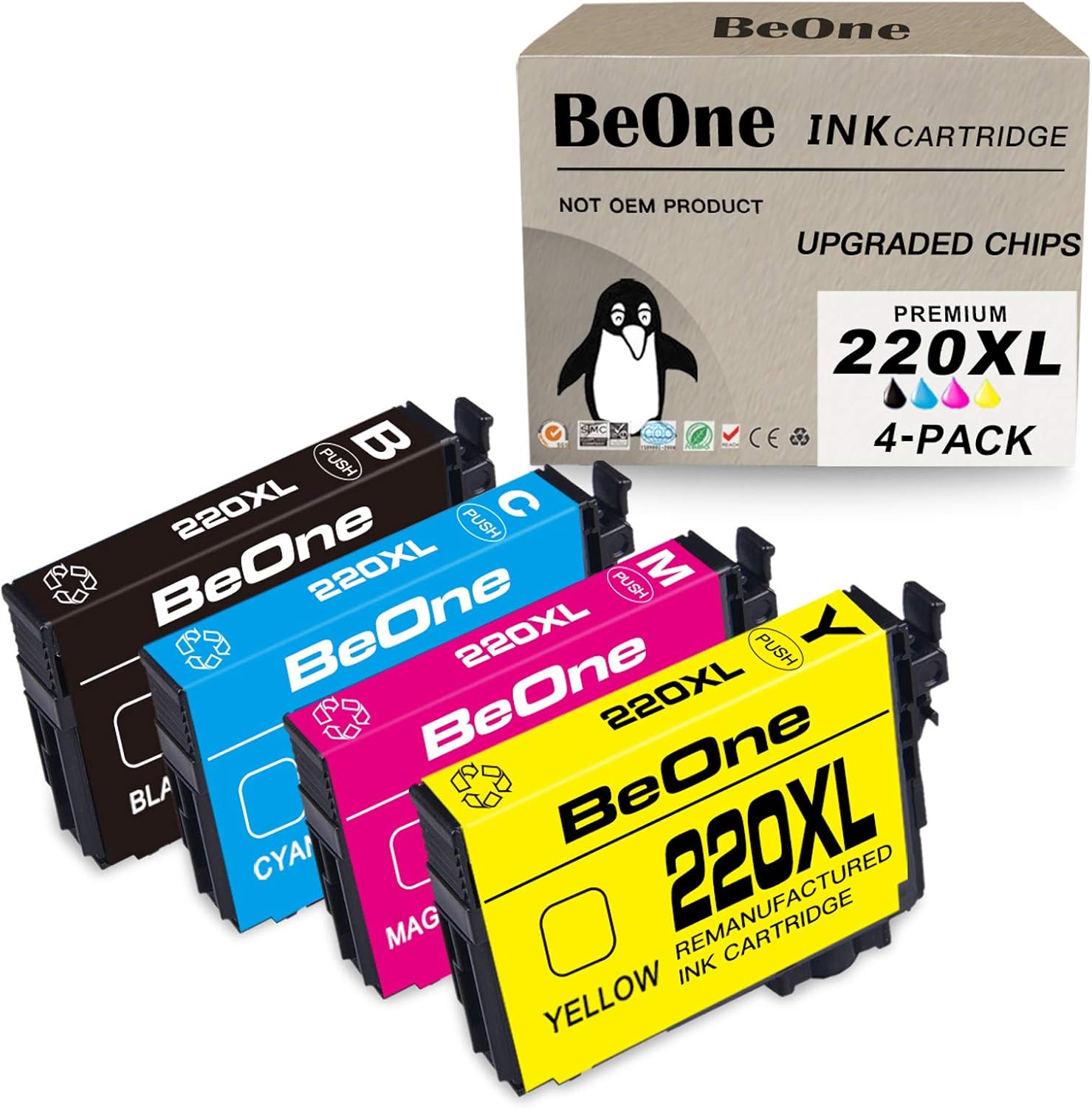BeOne Remanufactured Ink Cartridge Replacement for Epson 220 XL 220XL T220 T220XL 4-Pack to Use with Workforce WF-2750 WF-2630 WF-2650 WF-2760 WF-2660 Expression XP-420 XP-320 XP-424 (1BK 1C 1M 1Y)