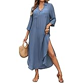 Bsubseach Womens Bathing Suit Cover Up V Neck Long Swimsuit Cover Up Beach Shirt Dress Swimwear with Pockets