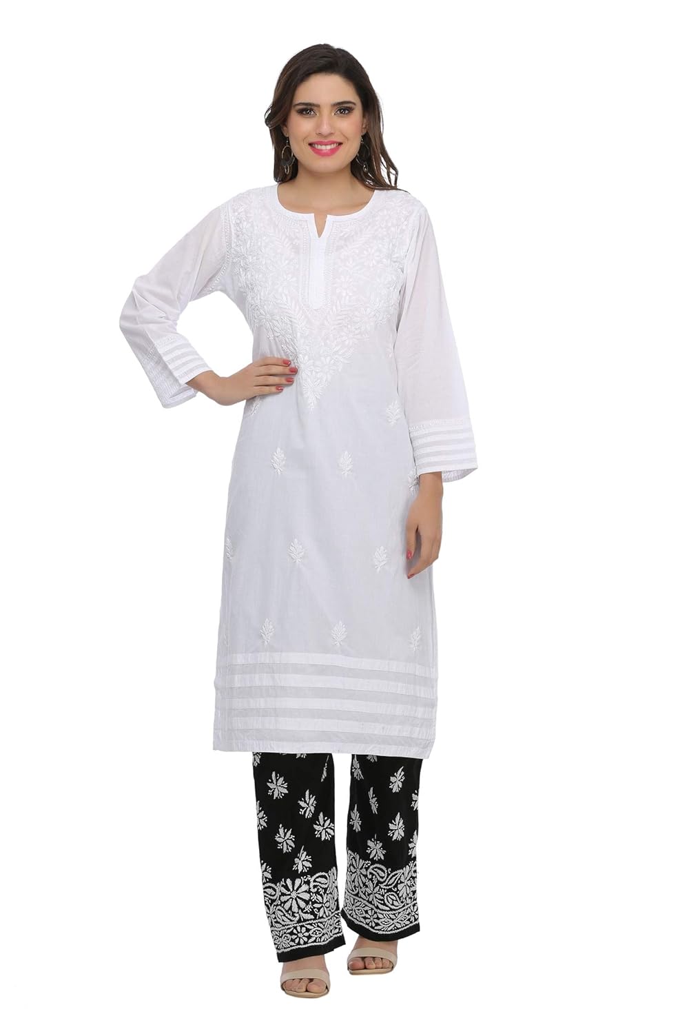 ada needlecraft ethnic chikan white cotton kurti for women casual wear