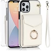 Asuwish Phone Case for iPhone 12 Pro iPhone12 6.1 Wallet Cover with Tempered Glass Screen Protector and RFID Blocking Ring Stand Card Holder Cell Accessories iPhone12pro 5G i 12s 12pro Women Off White