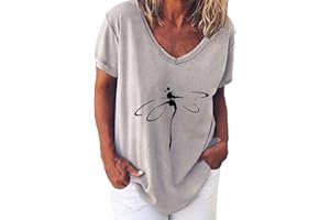 CTREELA Women's Dragonfly T Shirts Vintage Graphic Tees Loose Summer Plus Size Printed Short Sleeve Retro V Neck Blouse Tops