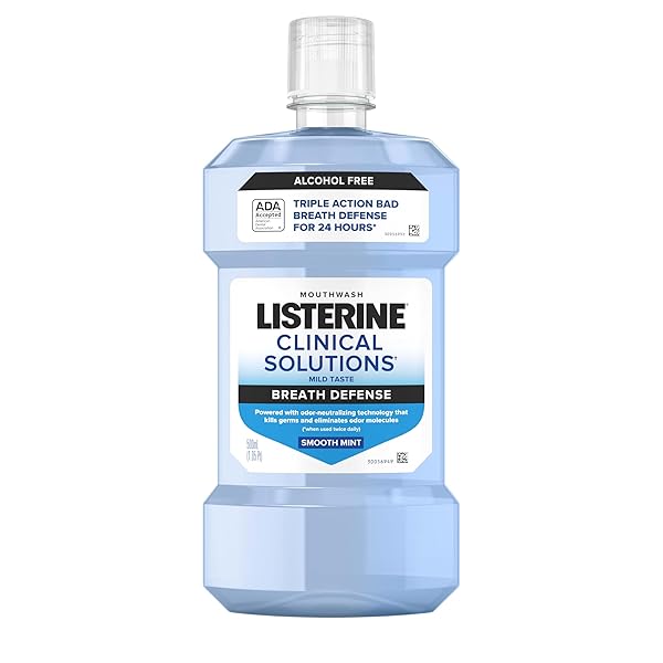 LISTERINE CLINICAL SOLUTIONS BREATH DEFENSE ALCOHOL FREE MOUTHWASH, ORAL RINSE WITH A TRIPLE-ACTION FORMULA FIGHTS BAD BREATH FOR 24 HOURS, SMOOTH MINT FLAVOR, 500 ML