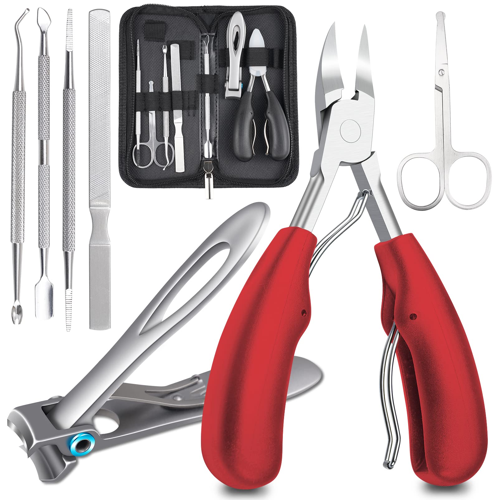 Toenail Clippers Set for Thick & Ingrown Hard Toenail Fingernail, 7PCS Nail Clippers and Professional Podiatrist Nail Cutter-Heavy Duty Stainless Steel Pedicure Toenail Scissors for Men Women (Red)