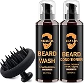 Beard Wash and Conditioner & Silicone Beard Brush Set w/Argan & Jojoba Oils - Reduce Beard Itchy, Dandruff, Beard Shampoo, Softens & Strengthens & Shine - 2 x 4 Fl Oz 120ML