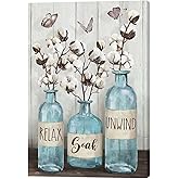 remzoke Farmhouse Bathroom Decor Wall Art Rustic Cotton Blue Jar Pictures for Country Canvas Prints Relax Soak Unwind Signs Painting Modern Artwork Home Decoration for Bathroom 16