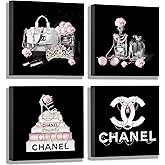 Meetdeceny Black And White Wall Art/Pink Book Pictures Room Decor for Teen Girls/Women Handbag Perfume Wall Decor for Living Room/Fashion Canvas Artwork Size 10"x 10"x 4 Pieces