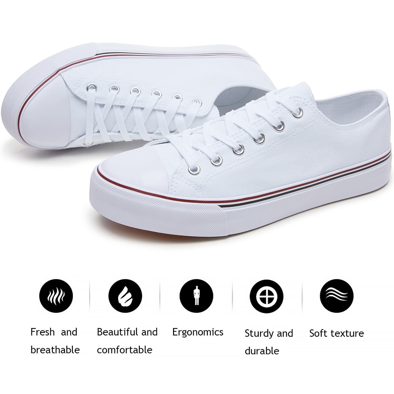 FRACORA Womens White Canvas Sneakers Low Top Lace Up Canvas Shoes Fashion Comfortable