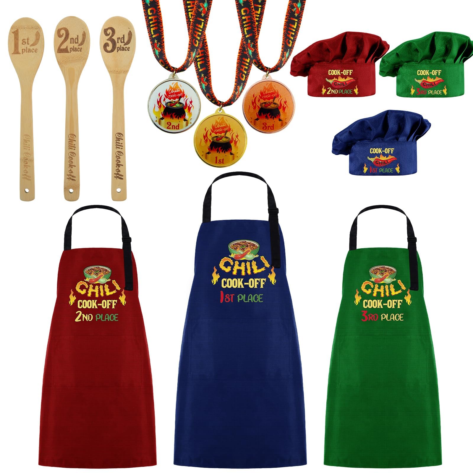 Photo 1 of 12 Pcs Chili Cook off Prizes Chili Cook off Decorations Include 3 Chili Cook off Apron,3 Chef Hats,3 1st 2nd 3rd Chili Cook off Trophies and 3 Wooden Spoons for Men Women Chili Festivals Decorations