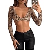 RoseSeek Women's Cheetah Print Crop Tops Deep V Neck Long Sleeve T Shirts Y2k Tops