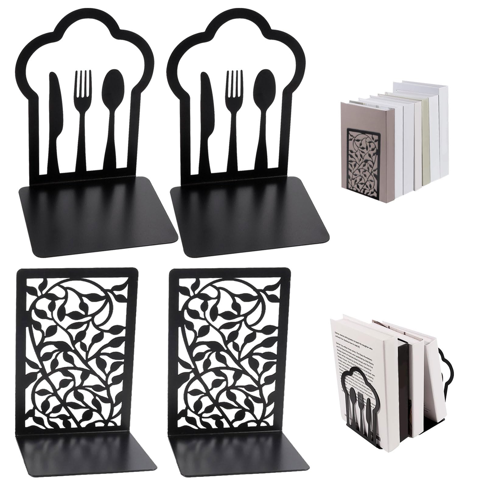 2 Pair of Black Metal Bookends with Non-Slip Book Shelves for Offices, Schools, Bookstores and Libraries