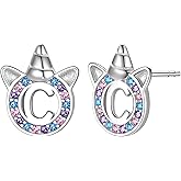 Unicorn Initial Earrings for Girls Women, 925 Sterling Silver Alphabet Stud, Ideal Initial Letter Stud Earrings Birthday Gifts for Girls Women