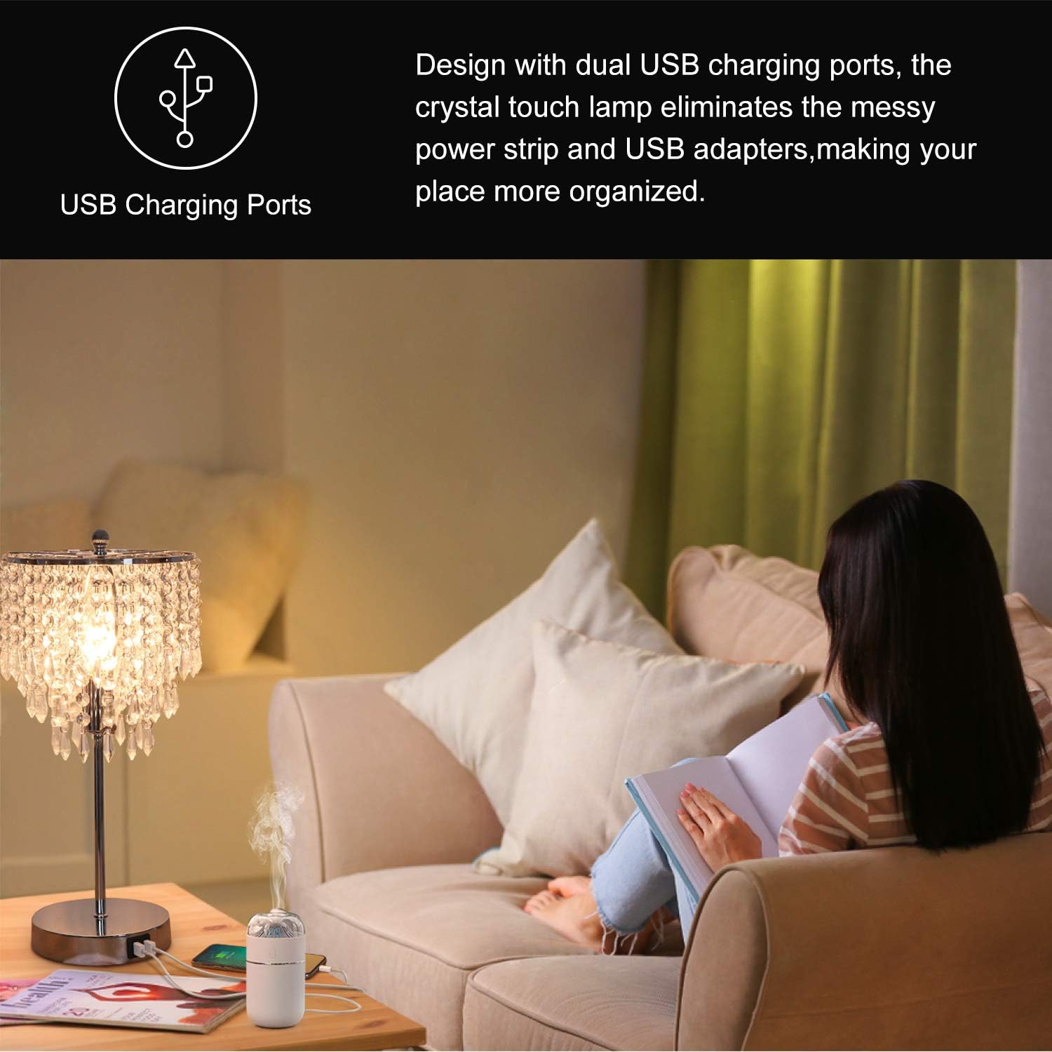 Touch Control Crystal Table Lamp with Dual USB Charging Ports, 3-Way Dimmable Bedside Touch Lamp Decorative Nightstand Lamp with Elegant Lamp Shade for Living Room Bedroom, B11 6W LED Bulb Included - - 