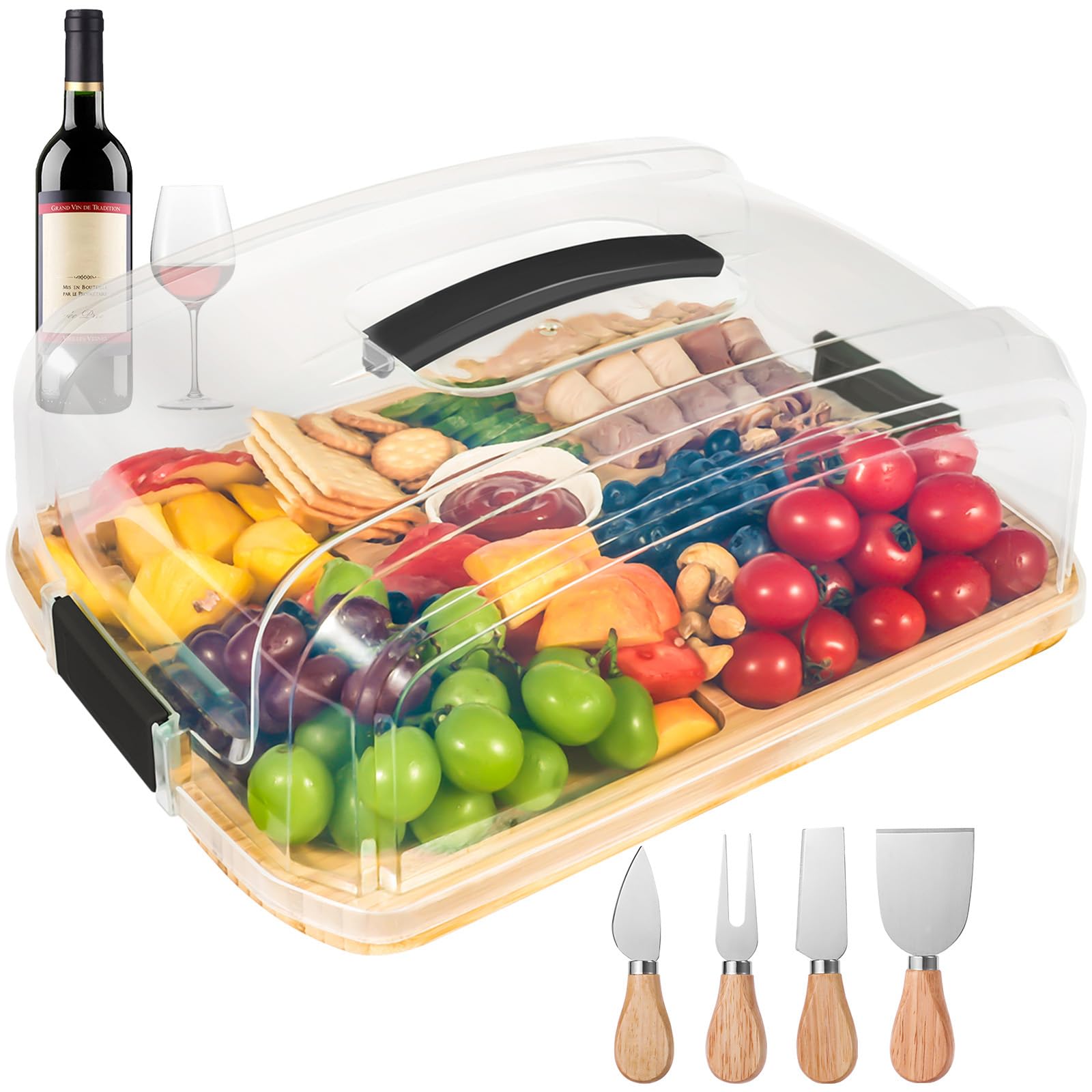 Photo 1 of Portable Charcuterie Board with Lid for Travel, Bamboo Charcuterie Cheese Board with Cover Compartments, To Go Charcuterie Box Serving Tray Board Set with Clear Locking Lid for Party Picnic Meat Snack