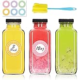 NEWMIAO 3 Pack 12oz Glass Water Bottles, 350ml Empty Glass Juice Bottles with Black Lids, Brush & Labels, Clear Reusable Drinking Jars for Juicing, Homemade Smoothies, Beverages