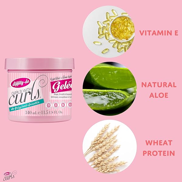DIPPITY DO GIRLS WITH CURLS LIGHT HOLD GELEE, SHAPE, SMOOTH & SEPARATE CURLS, FORMULATED WITH ALOE, VITAMIN E & WHEAT PROTEIN, FRIZZ-FREE, NEVER CRUNCHY, CURLY HAIR GEL FOR WOMEN, 11.5 FL OZ