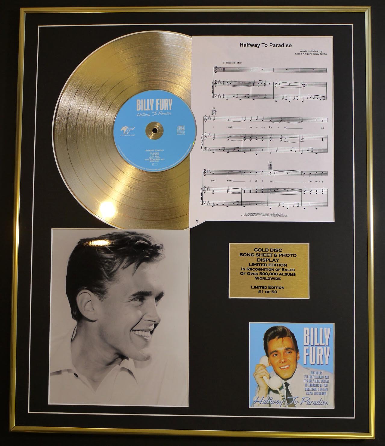 BILLY FURY/CD GOLD DISC, SONG SHEET & PHOTO DISPLAY/LTD. EDITION/COA/ALBUM, HALFWAY TO PARADISE/SONG SHEET, HALFWAY TO PARADISE