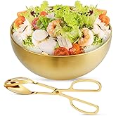 Supkiir Stainless Steel Salad Bowls with Gold Tong, 9.8”×4.5” 51oz Gold Kitchen Mixing Bowl, Large Serving Bowl Nesting Bowls for Mixing Cooking Baking Prepping Salad Soup Fruit