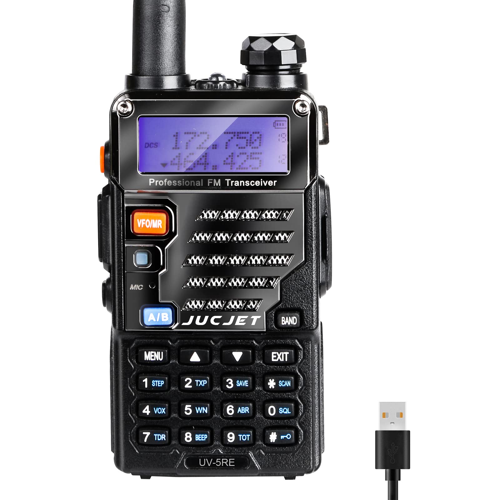 JUCJET UV-5RE Two-Way Radio Ham Transceivers (Pack of 2), Dual Band VHF/UHF, Rechargeable Programmable, 128 Channels, VOX, USB Charging Dock & Earpieces, Metal Finish (Licence Required) Walkie Talkies