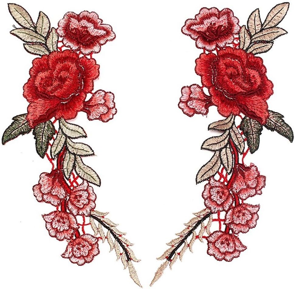 2 Pcs Red Green Flower Applique Embroidered Patch Collar Floral Appliques Sew on Patches Sewing DIY Clothing Accessories Craft Kids Clothing Hat Bag Decor (Red-Green)