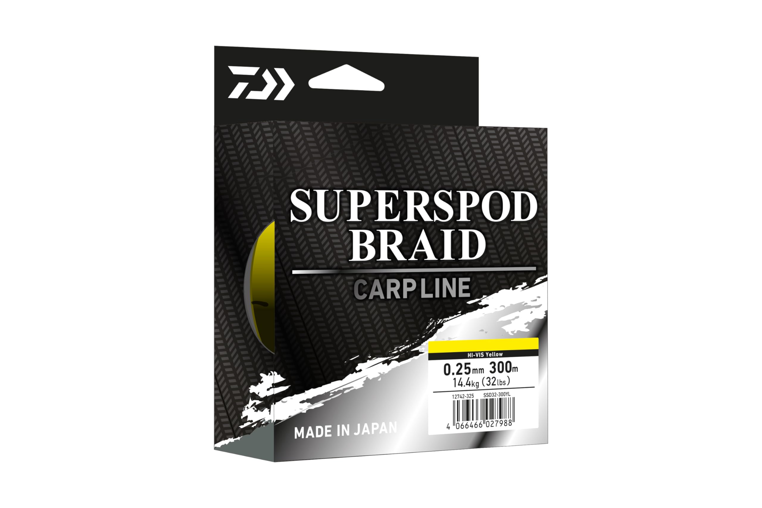 DAIWA Superspod Braid, 300m, 0.25mm, 14.40kg, 32.0lb, Braided Fishing Line, Hi-Vis Yellow