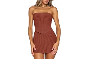 Wenrine Women's 2 Piece Outfits Bodycon Dress Strapless Crop Tops and Mini Skirt Ribbed Knit Party Dress Sets