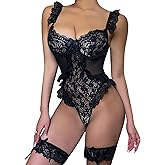 Aranmei Women Sexy Lingerie Bodysuit Floral Lace Teddy Babydoll Snap Crotch Ruffle One Piece with Thigh Bands