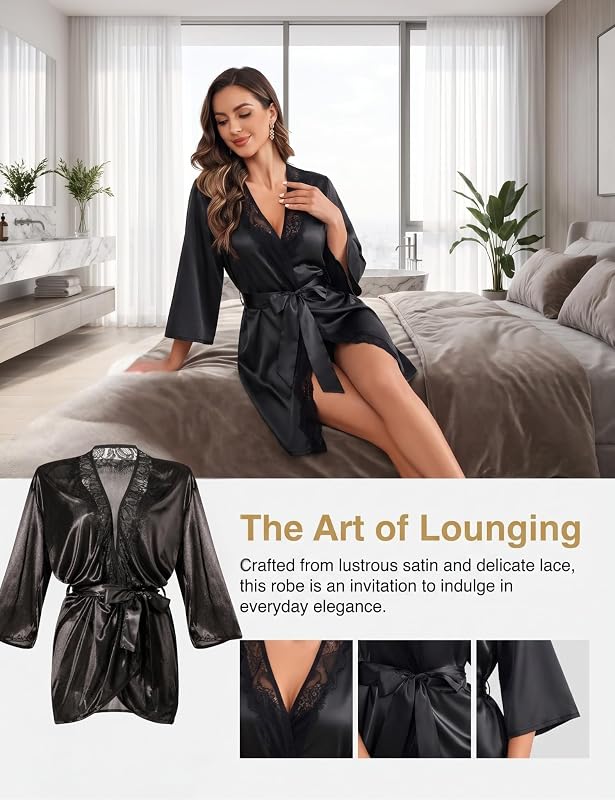 Damen Halbarm Satin Pajama-Kleid, V-Ausschnitt und Spitzenbesatz Nachthemd, Bequemes Eisseiden Pyjama-Nachthemd Mini Kleid Weiche Schlafanzug-Bindesachen, Loungewear (Weiß, L)