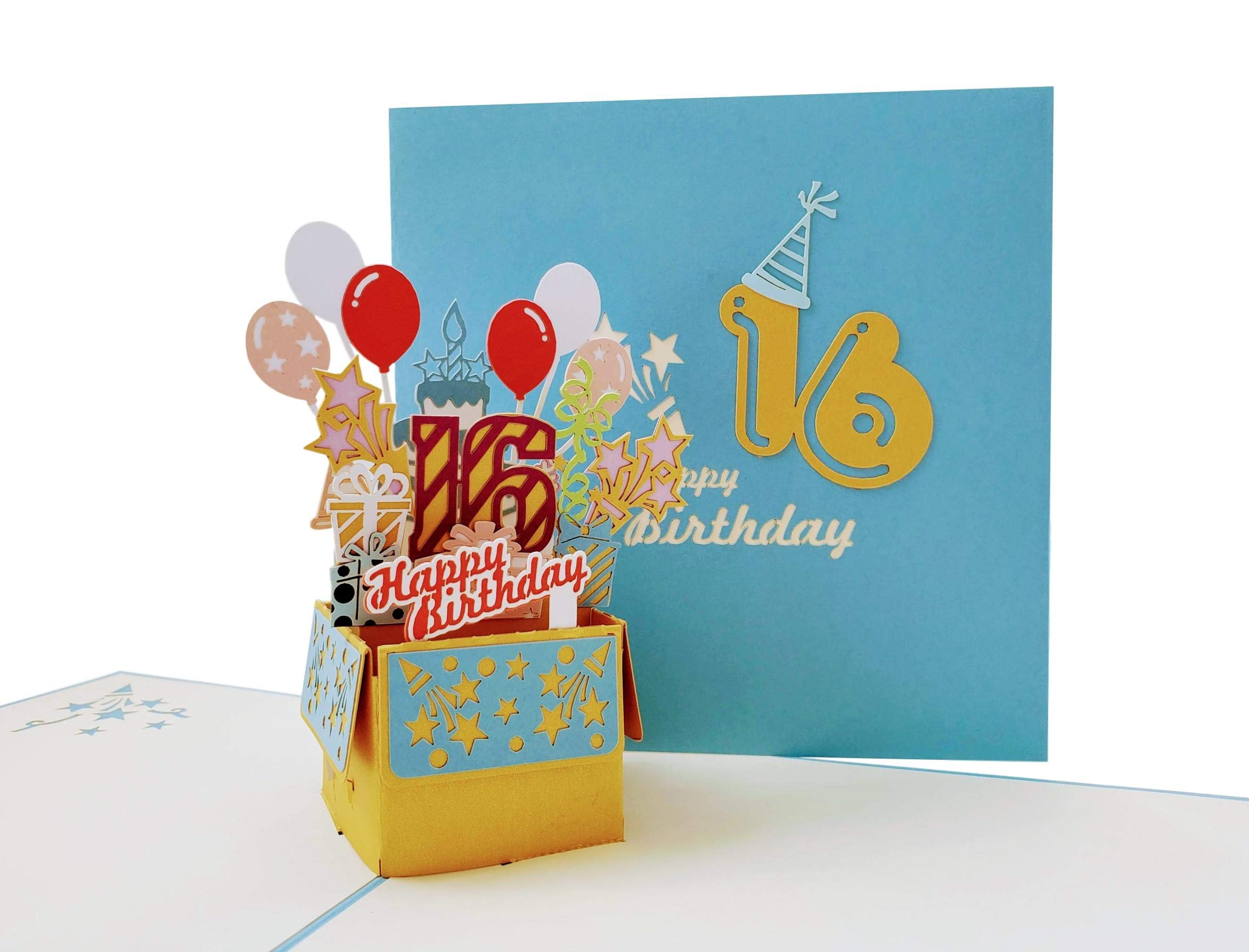 iGifts And Cards Happy 16th Birthday Party Box 3D Pop Up Greeting Card (Blue Cover) – Sixteen, Awesome, Balloons, Presents, Gifts Unique, Celebration, Feliz Cumpleaños