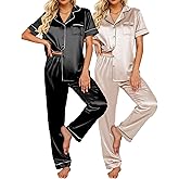 Ekouaer Satin Pajamas Set Women Short Sleeve Sleepwear Soft Button Down Loungewear Pjs Set