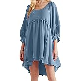 HOULENGS Women's Oversized Crew Neck Pullover Sweatshirt Dress Lantern Sleeve Flowy Sweatshirt Mini Dresses
