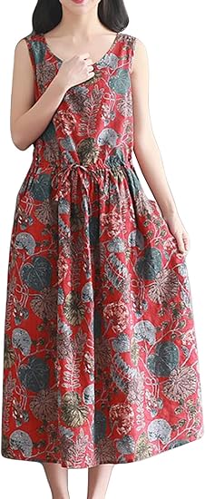 Amazon Baluote レディース 綿麻ワンピース 夏 ゆったり ロング丈 ノースリーブ ワンピース プリント 夏服 ワンピース マキシ丈 Aライン 通勤 通学 ワンピース チュニック 通販