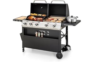 MFSTUDIO 5 Burner Gas Grill Griddle Combo with Porcelain-Enameled Cast Iron Grates,Cutting Board and Double Lids, Duel-Function Propane BBQ Grills with Flat Top Grddle for Outdoor Barbecue Cooking