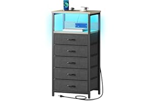 Seventable Night Stand with Charging Station, Tall Nightstand with 5 Fabric Storage Drawers, Side Table with LED Light for Bedroom, Entryway, Greige, Set of 2