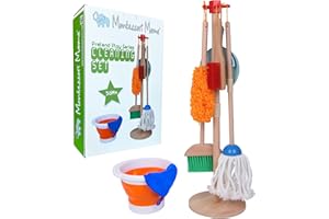 Montessori Mama Pretend Play Kids Cleaning Set - Toddler Cleaning Set - Kids Broom and Mop Set for Toddlers with Stand, Duster, Dust Pan, Hand Brushes, Bucket and Cleaning Cloth - Excellent Gift Idea