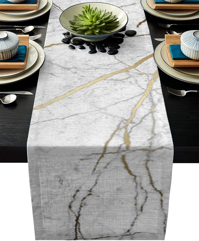 Linen Burlap Table Runner, Marble Texture Kitchen Table