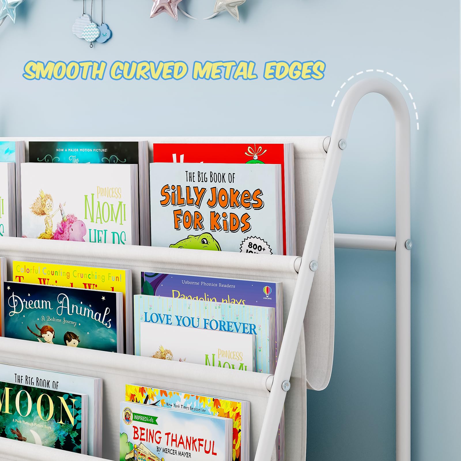 Tatub Kids Bookshelf with 4 Tier Deep Sleeves, Children Montessori Bookshelf Sling Storage Book Rock, Toddler Front Facing Display Book Shelf for Playroom Nursery Bedroom Classroom