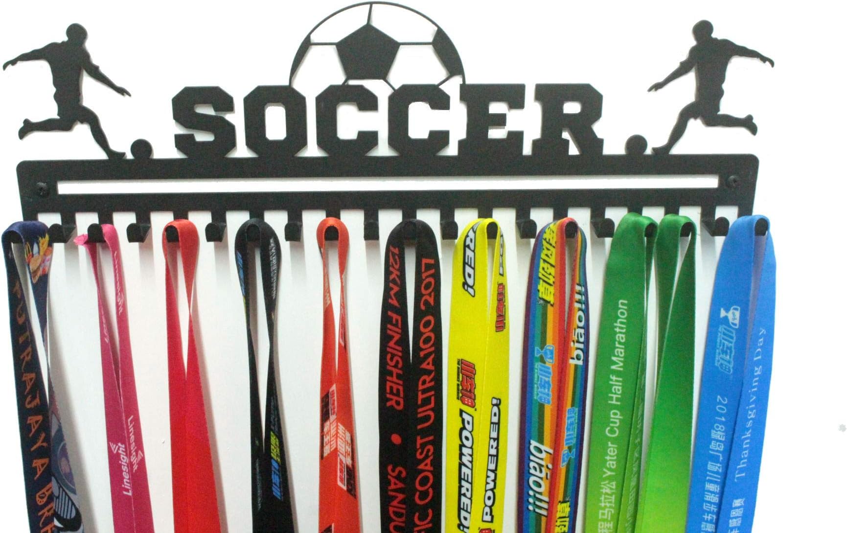 URBN Metal Wall Mount 'Soccer' Sports Medal Hanger and Lanyard Ribbon Display Holder Rack with Easy Hanging Hooks & Simple Install, Great Gift for Kids