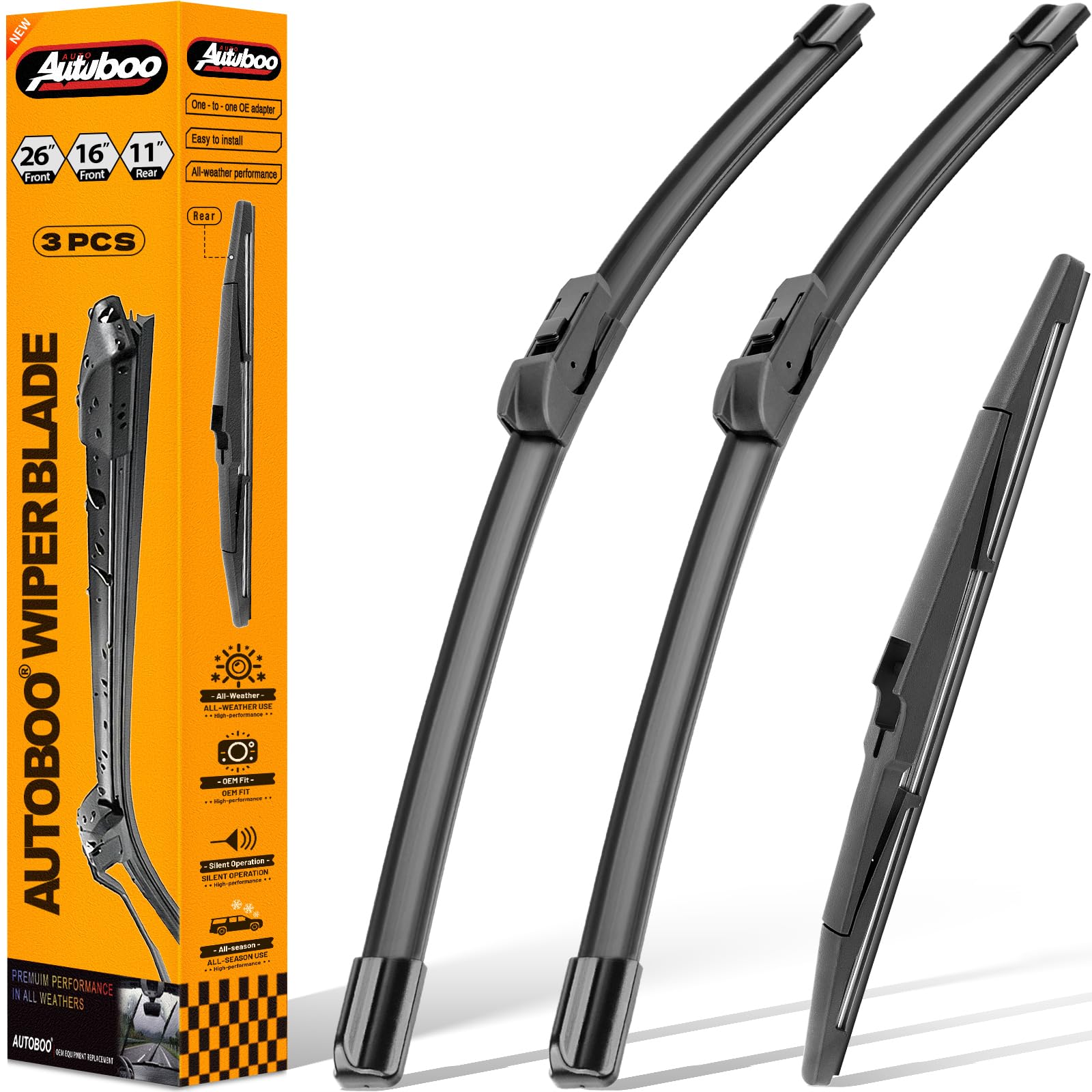 AUTOBOO 26"+16" Windshield Wipers with 11" Rear Wiper Blade Replacement for Chevy Trax 2024 2025-Original Factory Quality (Pack of 3) Image