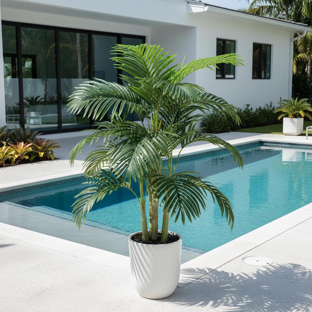 Photo 1 of Triple Golden Cane Palm 4ft Artificial Tree Tall Large Faux Tropical Palm Tree Fake Plant in Pot for Indoor Outdoor Big House Living Room Patio Office Home Outside Decor