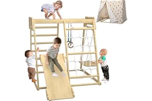 BEENEO Indoor Jungle Gym for Toddlers, Multifunction Indoor Playground with Tent, Indoor Playground Climbing Toys for Toddlers, Montessori Indoor Climber Playset with Tent, Slide, Swing and Climbing Net