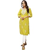 ladyline Women's Cotton Leheriya Printed Kurti Tunic with Hakoba Embroidery | Knee Length Chikankari Embroidered Kurta Top