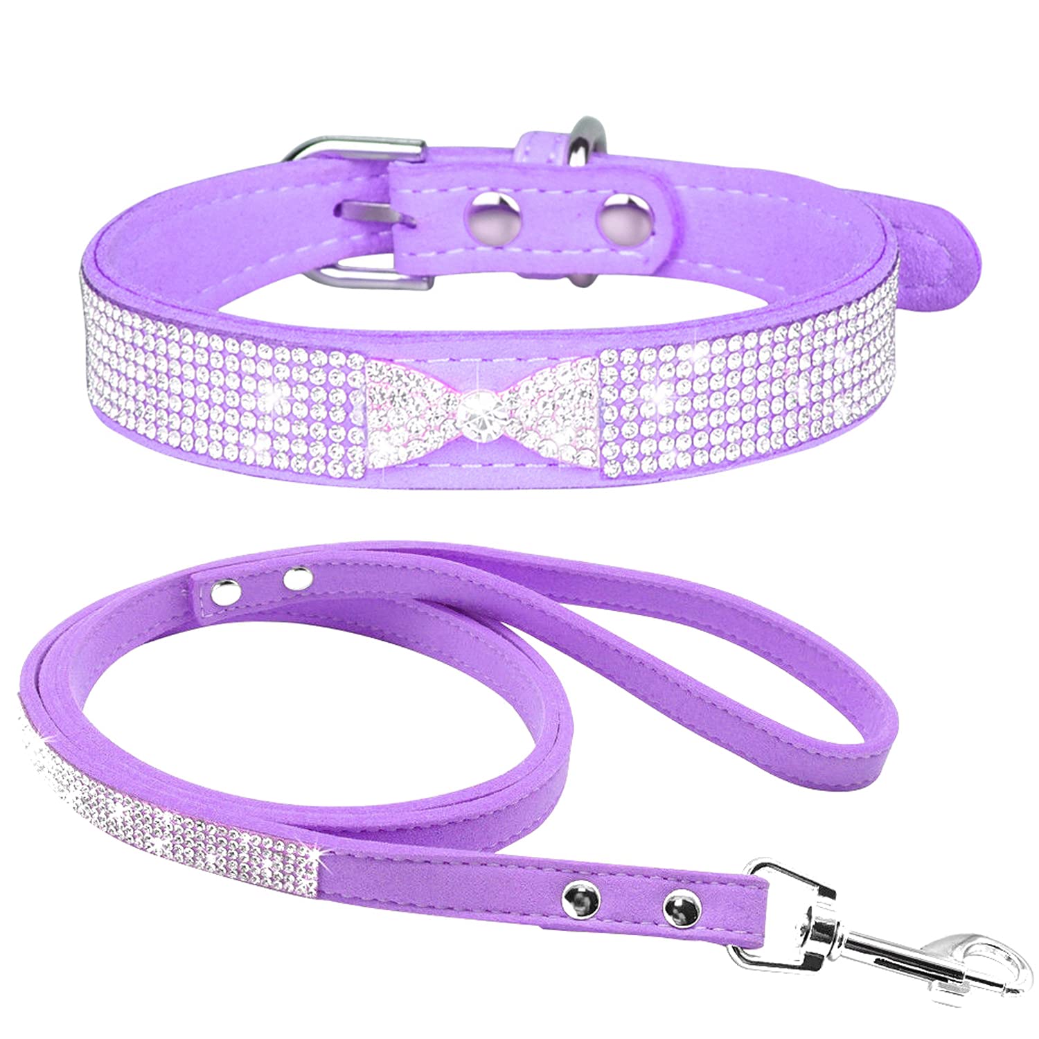 haoyueer Rhinestone Dog Collar, Cute Dazzling Sparkling Soft Suede Leather Dog Cat Rhinestone Collar Leash Crystal Diamond Pet Dog Puppy Collar (M, Purple-3)