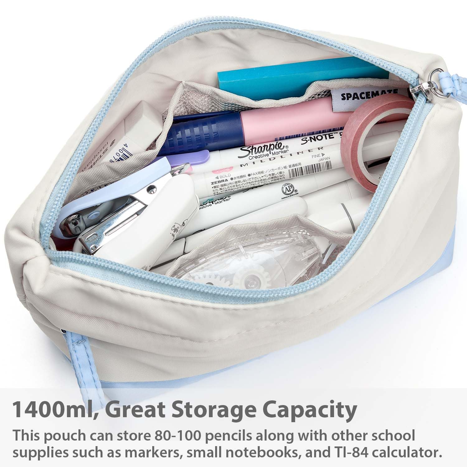 Pencil Case Pouch Bag School Supplies for Girls, Cute Aesthetic Pen Case, Large Big Capacity Zipper Stationery Bag for Women Teen Adults, Ivory and Light Blue, 1400ml