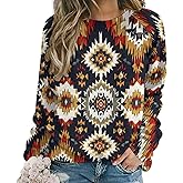 ZOCAVIA Western Aztec Sweatshirts for Women Retro Ethnic Graphic Crewneck Long Sleeve Pullover Tops Fall Casual Country Shirt