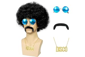 WBACON 5PCS Set Black Afro Wig Disco Wig For 70s Costume Men Afro Wig 70s Wigs For Men Wigs 70s Outfits For Men Funny Wigs Pelucas Para Hombres For Halloween Cosplay 70s80s Party Christmas Festivals