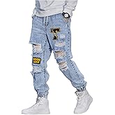 OYOANGLE Men's Cargo Joggers Pants Letter Patched Ripped Jeans Elastic Drawstring Waist Distressed Denim Pants