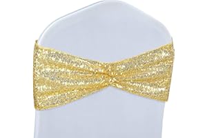 Poise3EHome Set of 50 Stretch Sequin Chair Sashes Bands Gold One-Sided Sequins Decorative Bows for Wedding Party Event Chair Covers